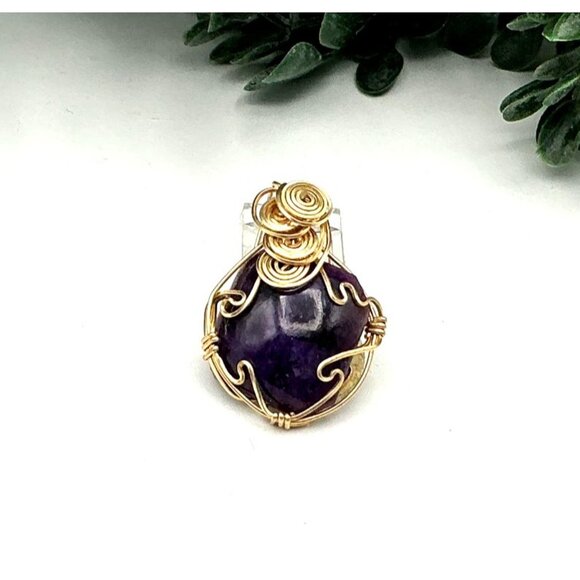 Handcrafted Amethyst Gemstone Wire-Wrapped Pendant With Gold-Tone Artistic Spira - Picture 2 of 6